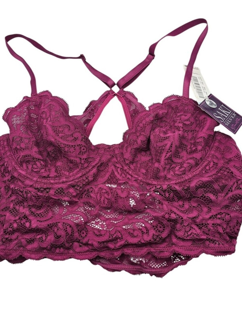 Saki Silver by Diana Bara Womens Sz 34B Longline Lace Bralette Bra Purple Red